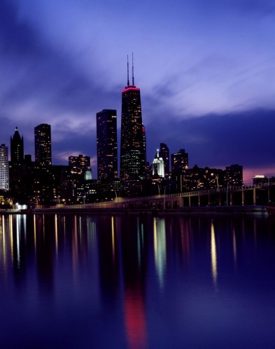 Skyline at dusk, dominated by Sears Tower