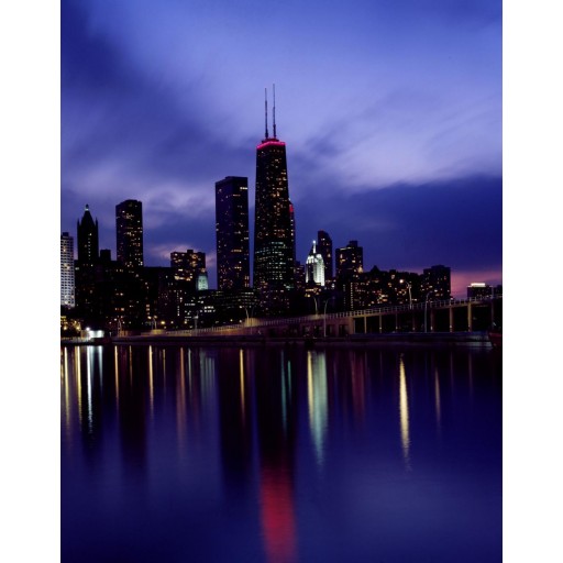 Skyline at dusk, dominated by Sears Tower